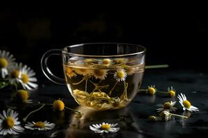 AI generated cup of tea with chamomile flowers on rustic wooden background. Neural network AI generated photo