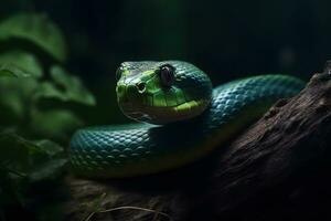 ai generado verde tropical serpiente. neural red ai generado foto