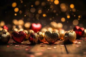 AI generated Gold hearts, glitters and bokeh background. Neural network AI generated photo