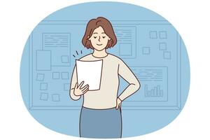 Smiling businesswoman holding paper work stand near board making presentation. Happy female boss present business project in office. Vector illustration.