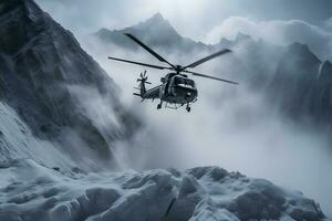 AI generated Rescue helicopter flying in a snowy landscape. Neural network AI generated photo