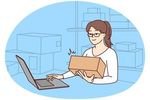 Smiling woman working on computer on warehouse forming orders. Happy female employee busy with packages on storage depot. Vector illustration.