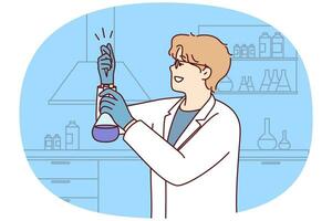 Male scientist make experiments with tube in laboratory. Man researcher in white uniform experiment in lab. Biology and science. Vector illustration.