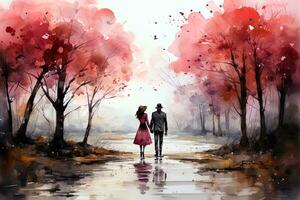 AI generated Watercolor Love couple. Valentines Day pink background. Ai generative art photo