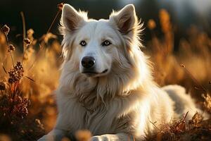 AI generated Portrait of white Swiss Shepherd dog on a nature, close up photo, morning light. Ai art photo
