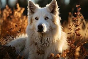 AI generated Portrait of white Swiss Shepherd dog on a nature, close up photo, morning light. Ai art photo
