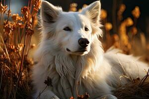 AI generated Portrait of white Swiss Shepherd dog on a nature, close up photo, morning light. Ai art photo