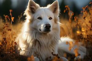 AI generated Portrait of white Swiss Shepherd dog on a nature, close up photo, morning light. Ai art photo