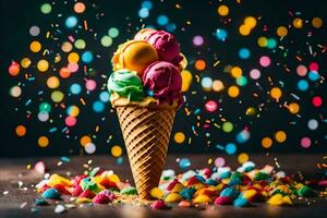 AI generated an ice cream cone with colorful sprinkles on a table photo