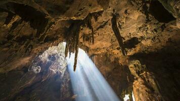 Sol luz é sombreamento através caverna às dia Tempo video