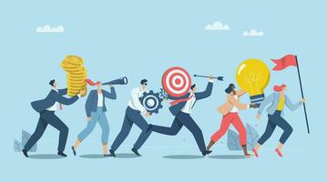 Working as team with creative thinking, solving problems in organizations, Launching new project, product, Group of business people running holding flag, light bulbs, gears, targets, binoculars, coin. vector