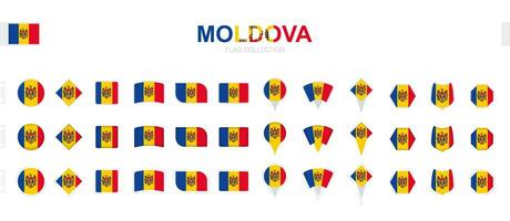 Large collection of Moldova flags of various shapes and effects. vector