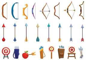 Archery shoot weapon icons set cartoon vector. Arrow game vector