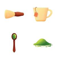 Matcha tea icons set cartoon vector. Chasen chashaku and tea cup vector