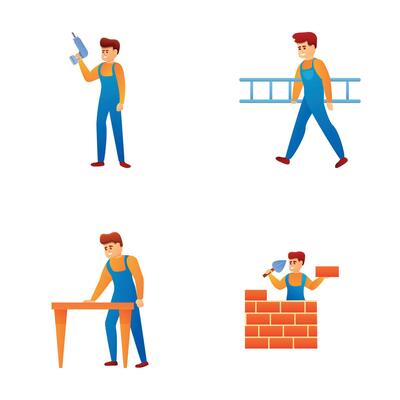 Handyman icons set cartoon vector. Team of worker with tool and equipment