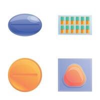 Various meds icons set cartoon vector. Pill and capsule blister vector