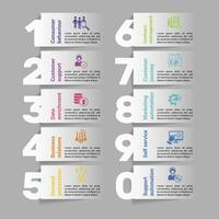 Infographics with Customer Relationship theme icons, 10 steps. Such as consumer behaviour, customer support, data enrichment, business relations and more. vector