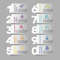 Infographics with Corporative Development theme icons, 10 steps. Such as advancement planning, decision making, organization goal, collaborative resolution and more. vector