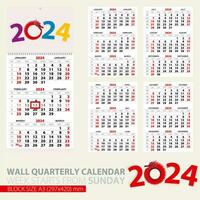 Print template of wall quarterly calendar for 2024 year. Year of the Tiger. vector