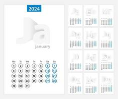 Calendar 2024, blue circle design. English language, week starts on Monday. vector