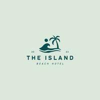 Vintage minimalist wave and palm tree logo design template vector