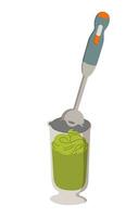 Green smoothie whipped with blender. Making a healthy detoxifying green smoothie. Immersion blender. Vector flat illustration.