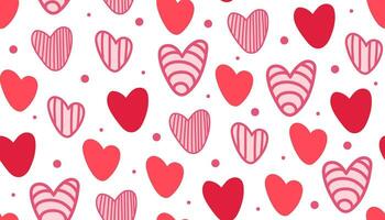 Hand draw Valentine's Day seamless pattern of hearts in doodle style. Pink and red colors.Vector. vector