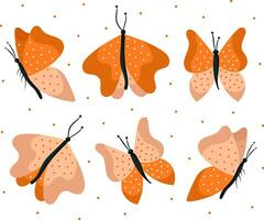 Set of hand draw butterflies on white background in orange colors with polka dots.Vector. vector