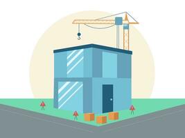 Construction of a modular house. A Crane and a modern building. Vector illustration