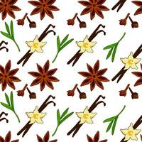 Seamless pattern with vanilla and star anise, rosemary. Hand drawn vector illustration. Perfect for use to create culinary projects, branding, logo, menus, packaging, patterns, prints, textile design.