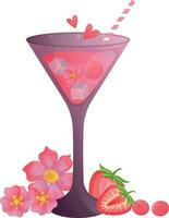 potion pink love coctail with flowers and berries in a thin stemmed glass vector