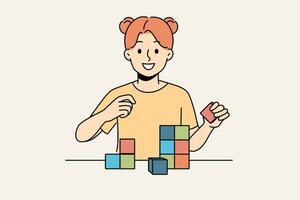 Happy little girl playing with wooden child cubes standing at table and smiling looking at screen vector