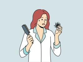 Woman suffering from hair loss problems holds comb and feels confused and needs help doctor vector