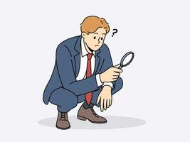 Business man with magnifying glass squats doing work of analyst or supervisor conducting audit vector