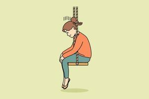 Upset little girl sits on swing with head down after parents divorce or reprimand at school vector