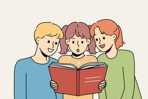 Children read book and are amazed at facts from history described in school encyclopedia vector