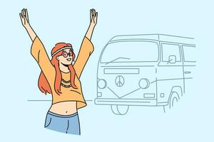 Hippie girl goes on summer travel in minivan and raises hands, rejoicing at opportunity to relax vector