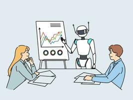 Artificial intelligence robot speaks to people in corporate boardroom to discuss company plans vector