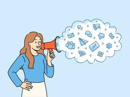Woman with megaphone announces business event or works as promoter advertising company service vector