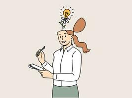 Business woman with flower growing from head and light bulb, metaphor for having creative ideas vector