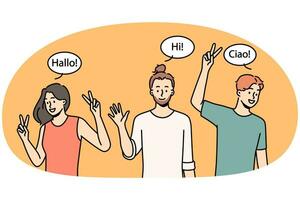 sonriente interracial personas saludo en diferente idiomas vector