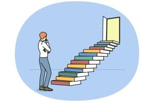 hombre en pie cerca escalera hecho de libros vector