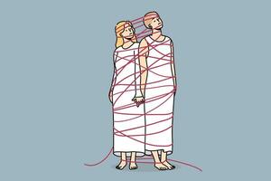 Two sad women tied with rope hold hands demonstrating personal affection and shared problems vector