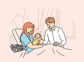 madre con recién nacido bebé se sienta en sofá en hospital y muestra infantil a contento padre vector