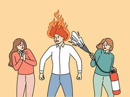 Aggressive man with flame on head stands near frightened colleagues with fire extinguisher vector