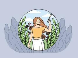 Woman draws beautiful nature around, creating favorable conditions or harmony for own life vector