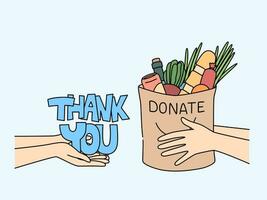 Bag food in hands of man near inscription thank you, for concept charity and helping people in need vector