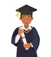 Happy young graduate African man in graduation gown and hat holding diploma and certificate vector