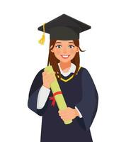 Happy young graduate woman in graduation gown and hat holding diploma and certificate vector