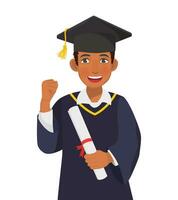 Happy young graduate African man in graduation gown and hat holding diploma and certificate fist pump vector